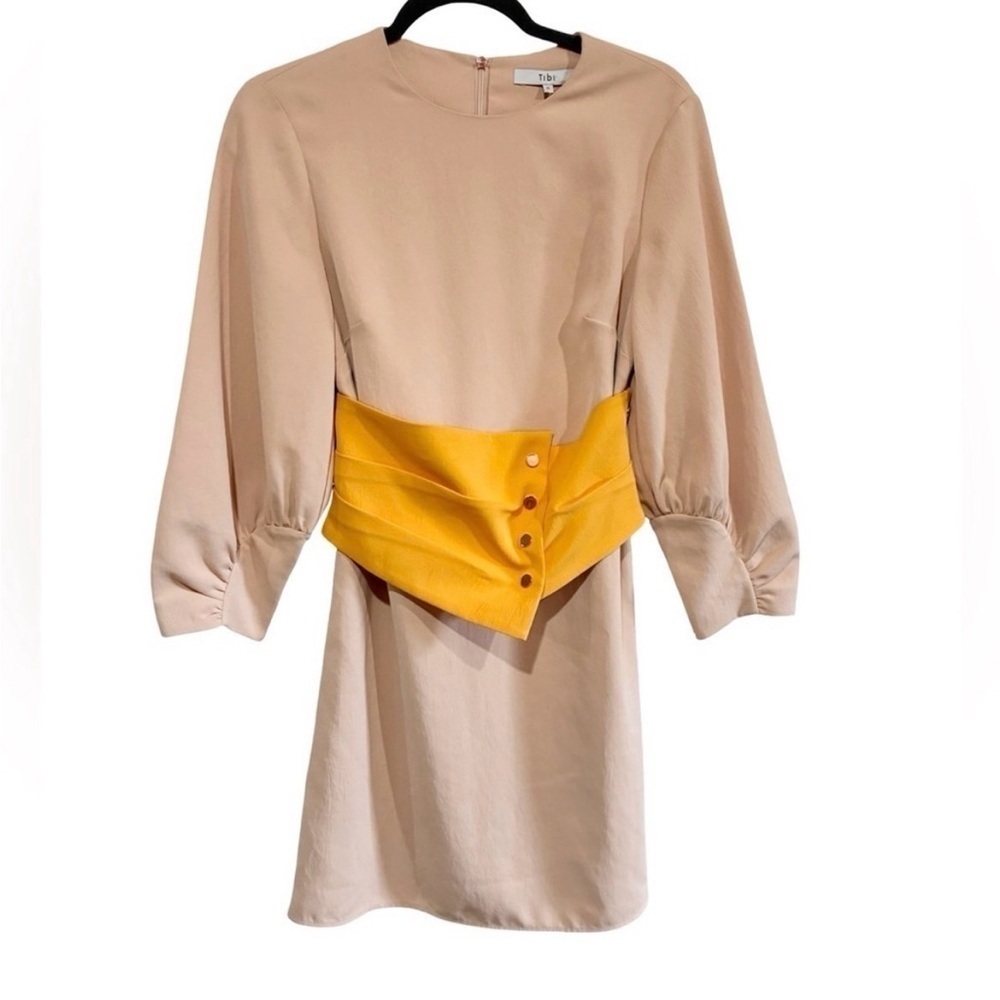 Tibi Shirred Sleeve Corset Waist Shift Dress Tan and Yellow - Picture 4 of 11
